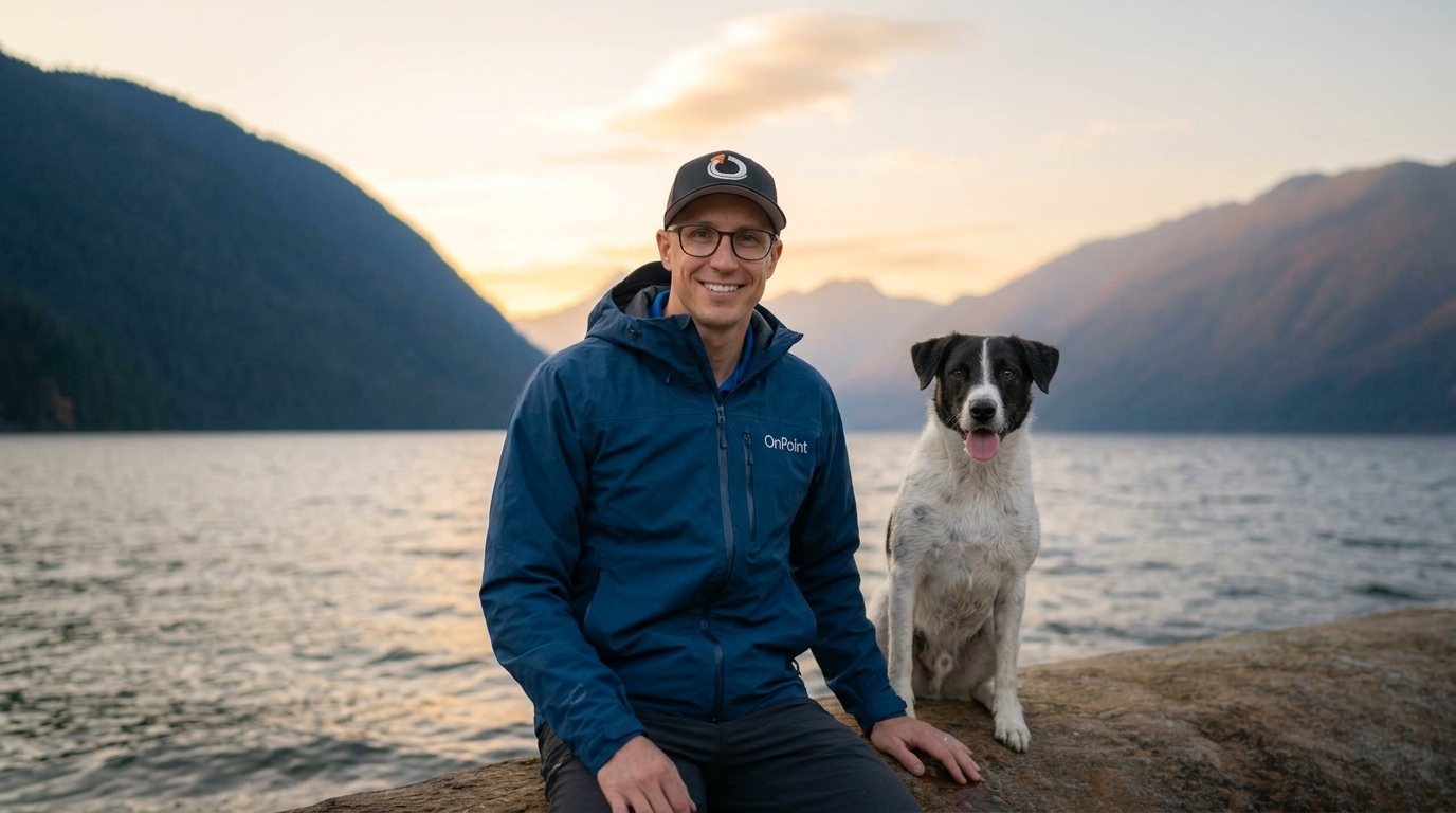 Tyler Hoffman with his dog beside a mountain lake
